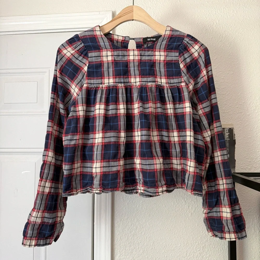 TOIT VOLANT navy red‎ ivory plaid babydoll long sleeve cropped boxy blouse shirt